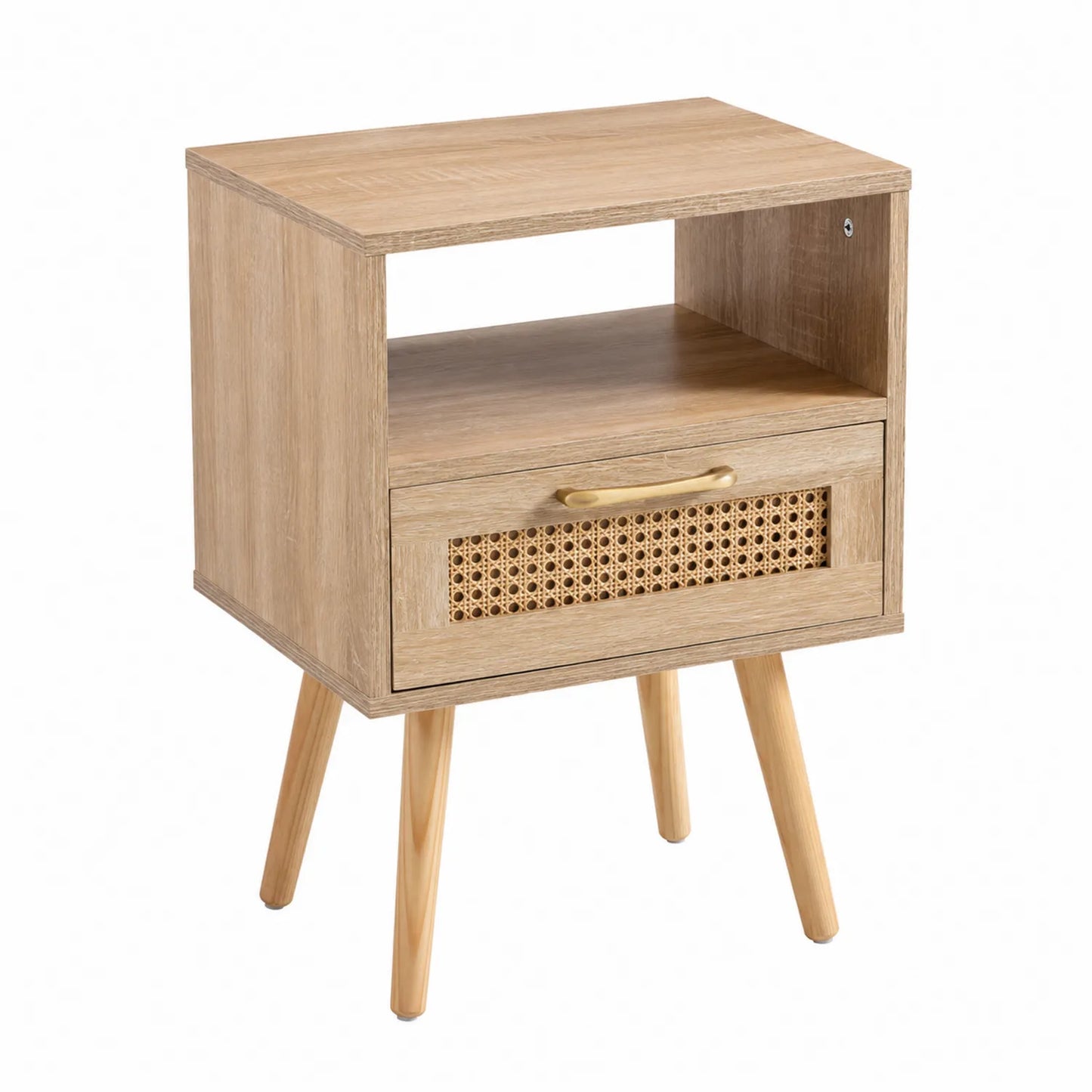 Nachttisch aus MDF mit Rattan-Schublade und Kiefernholzbeinen