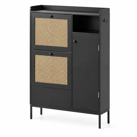 Schuhschrank mit 2 Rattanfächern Schwarz 120x90x24 cm Metall MDF