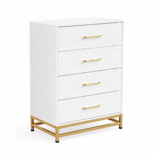 Kommode mit 4 Schubladen aus MDF und Metall in Weiß und Gold
