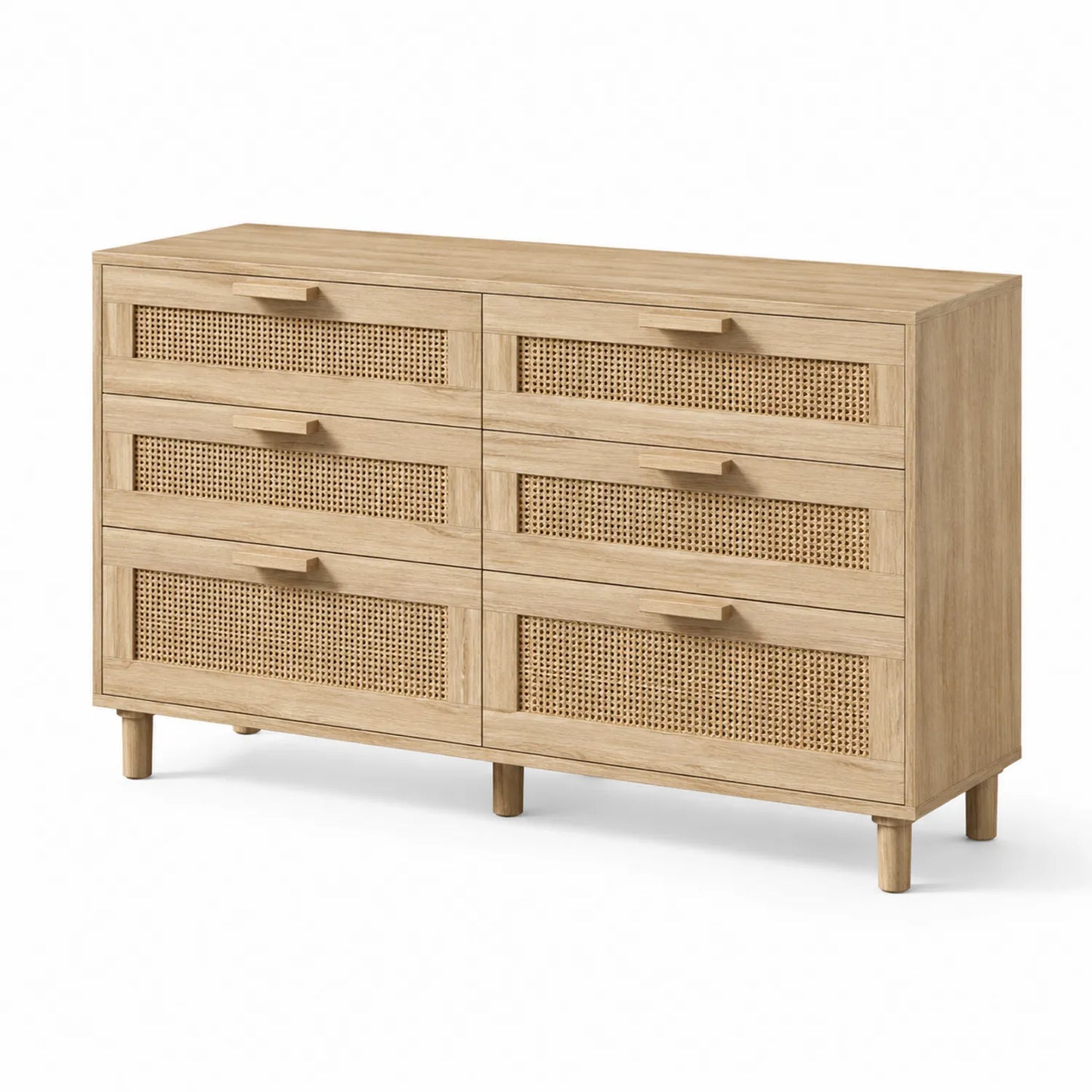 Kommode mit 6 Schubladen aus Eichenholz und Rattan