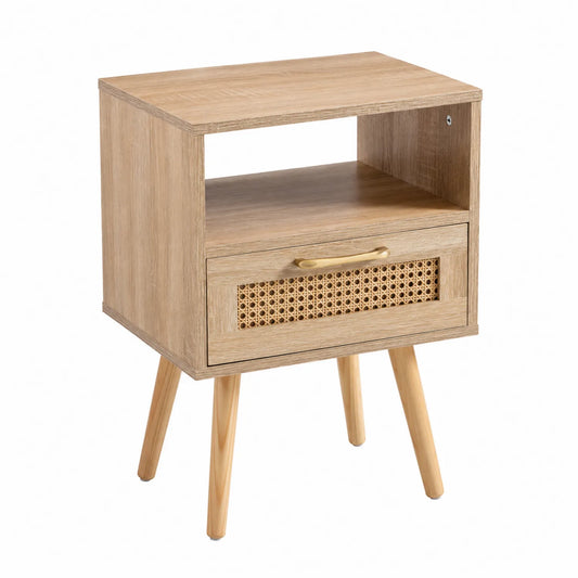 Nachttisch aus MDF mit Rattan-Schublade und Kiefernholzbeinen