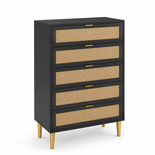 Holzkommode mit 5 Rattan-Schubladen Schwarz 90x40x110cm