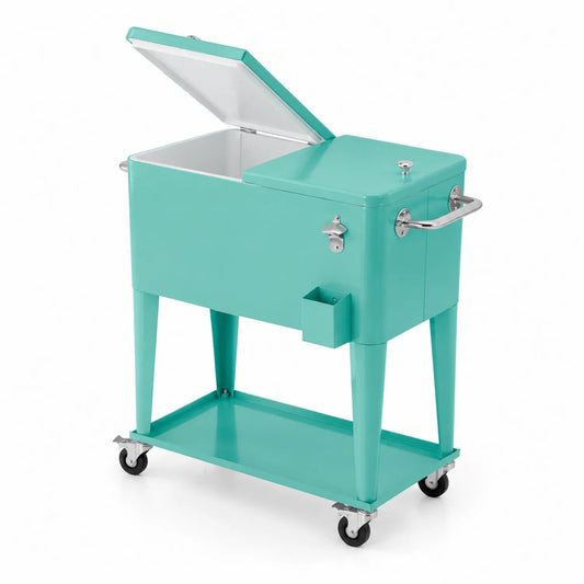Metall-Servierwagen mit Kühlbox auf Rollen Türkis
