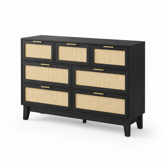 Schwarze Holzkommode mit Rattanfronten, 7 Schubladen